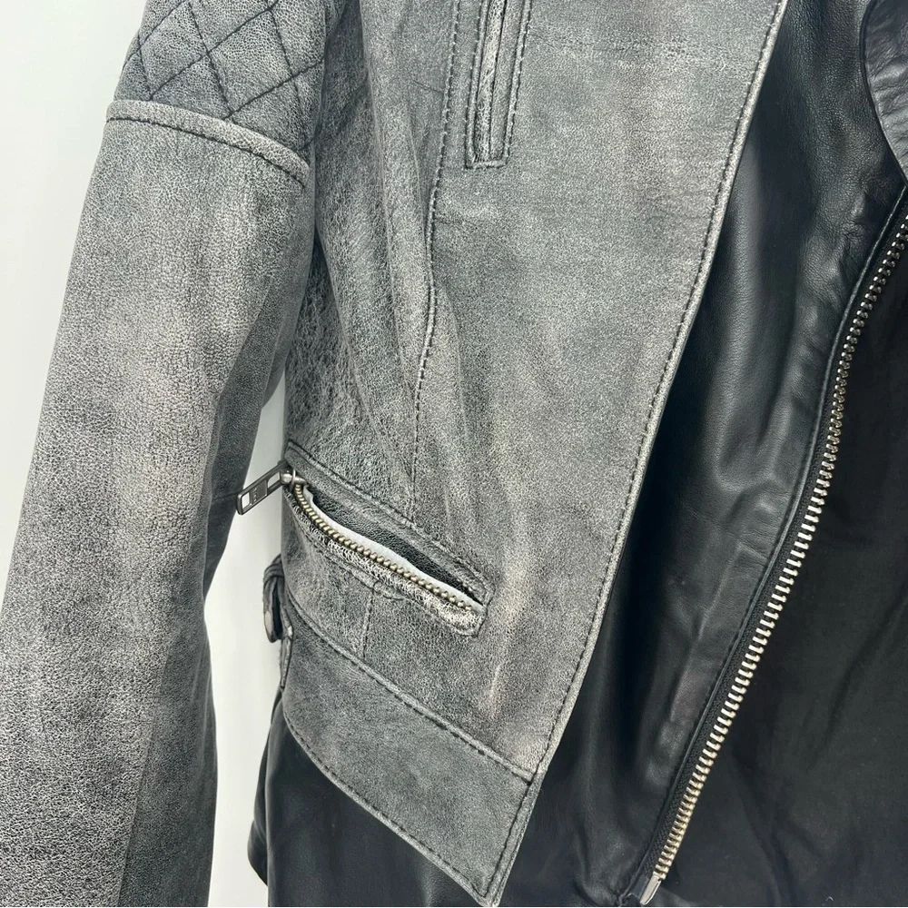 Muubaa Crackle Black Lamb Leather Biker Motorcycle Jacket Quilted Zip Up 6 - Picture 9 of 16